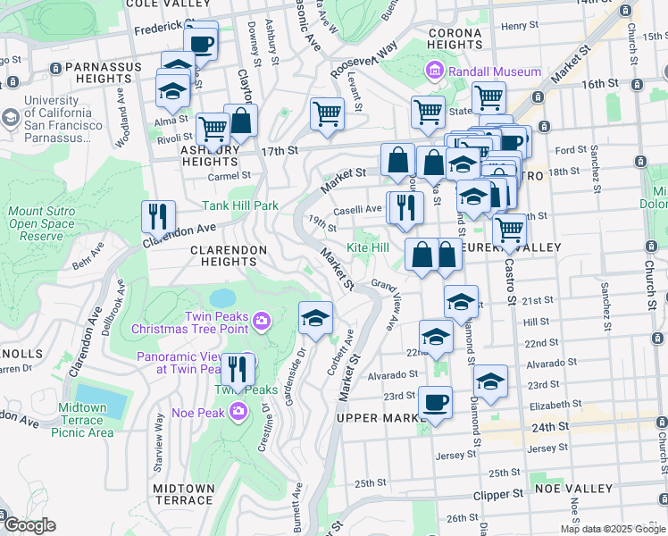 map of restaurants, bars, coffee shops, grocery stores, and more near 3369 Market Street in San Francisco