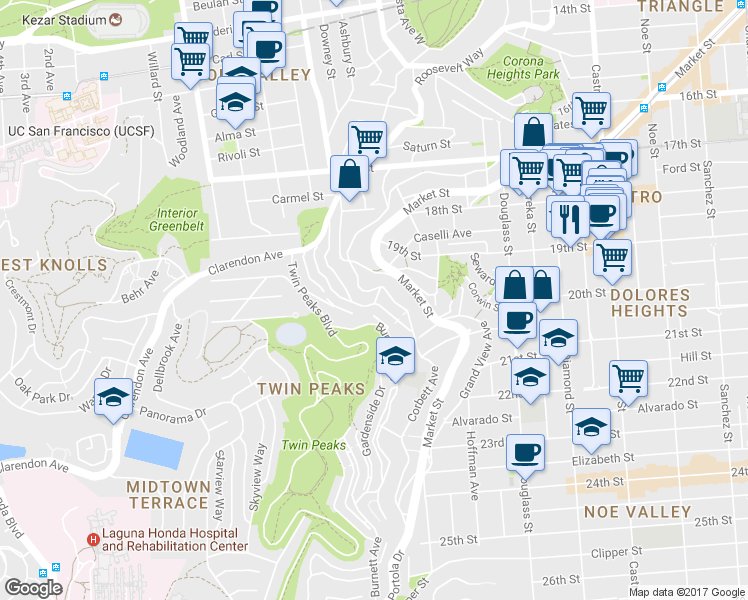 map of restaurants, bars, coffee shops, grocery stores, and more near 477 Corbett Avenue in San Francisco