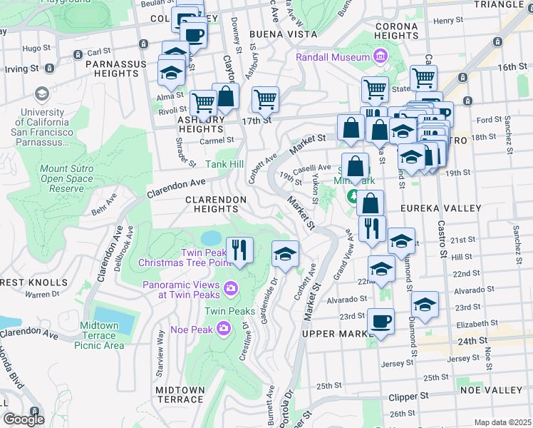 map of restaurants, bars, coffee shops, grocery stores, and more near 477 Corbett Avenue in San Francisco