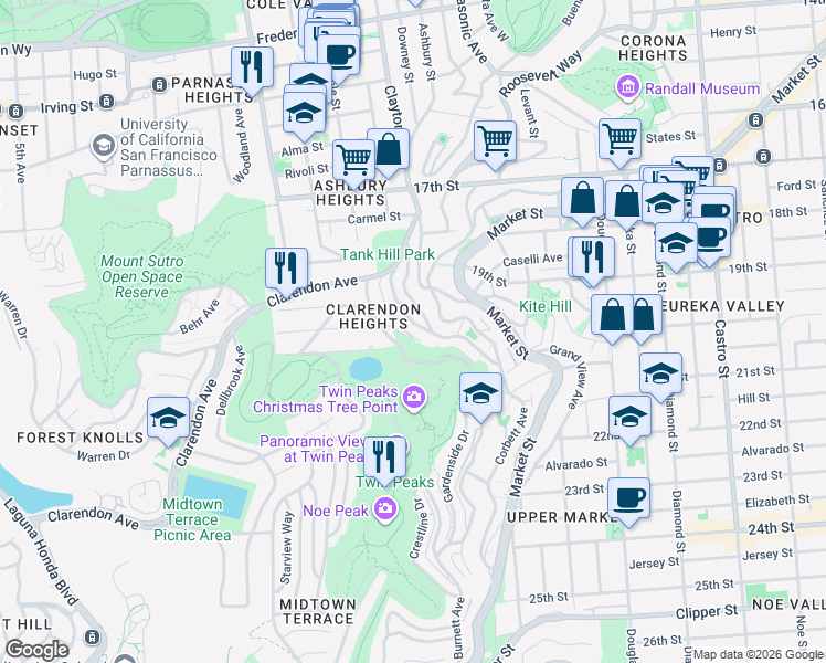 map of restaurants, bars, coffee shops, grocery stores, and more near 123 Graystone Terrace in San Francisco