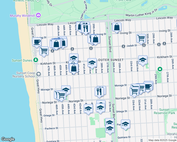 map of restaurants, bars, coffee shops, grocery stores, and more near 1546 40th Avenue in San Francisco