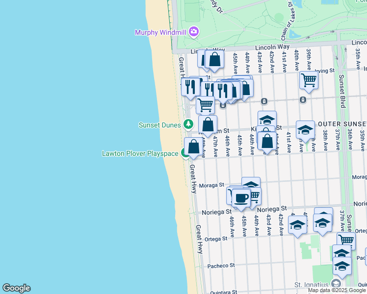 map of restaurants, bars, coffee shops, grocery stores, and more near 1520 Great Highway in San Francisco