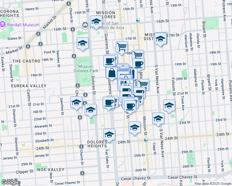 map of restaurants, bars, coffee shops, grocery stores, and more near 65 Liberty Street in San Francisco