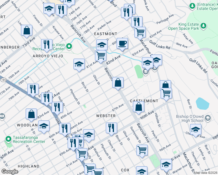 map of restaurants, bars, coffee shops, grocery stores, and more near 2039 85th Avenue in Oakland