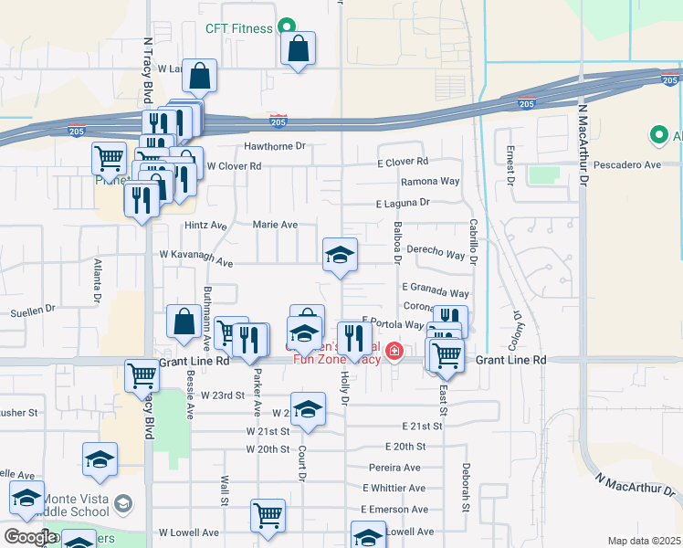map of restaurants, bars, coffee shops, grocery stores, and more near 2875 Holly Drive in Tracy