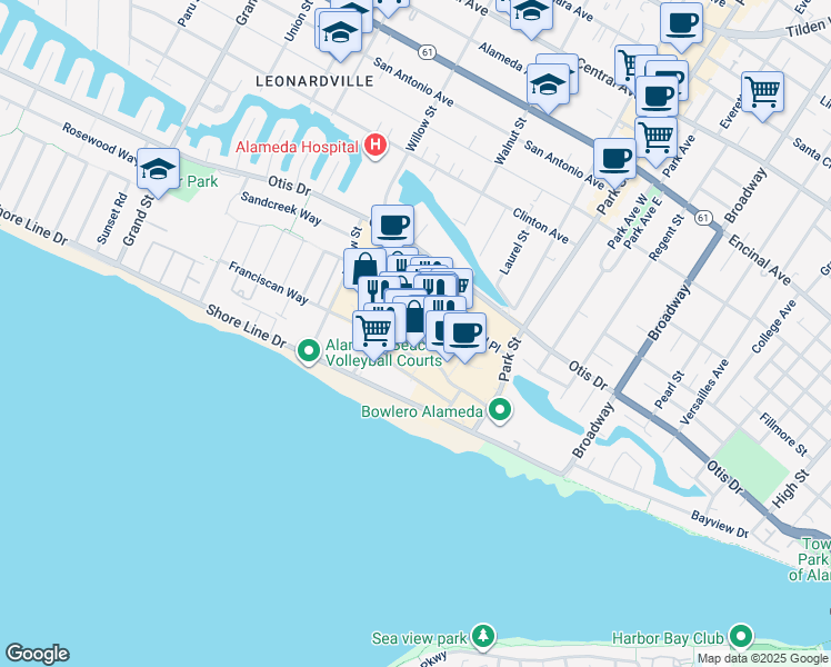 map of restaurants, bars, coffee shops, grocery stores, and more near 2202 South Shore Center in Alameda