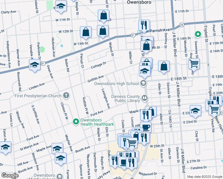 map of restaurants, bars, coffee shops, grocery stores, and more near 1851 Littlewood Drive in Owensboro