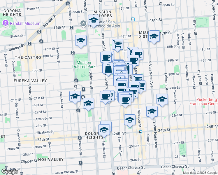 map of restaurants, bars, coffee shops, grocery stores, and more near 851 Guerrero Street in San Francisco
