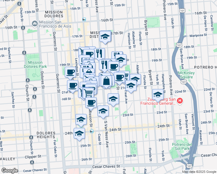 map of restaurants, bars, coffee shops, grocery stores, and more near 953 South Van Ness Avenue in San Francisco