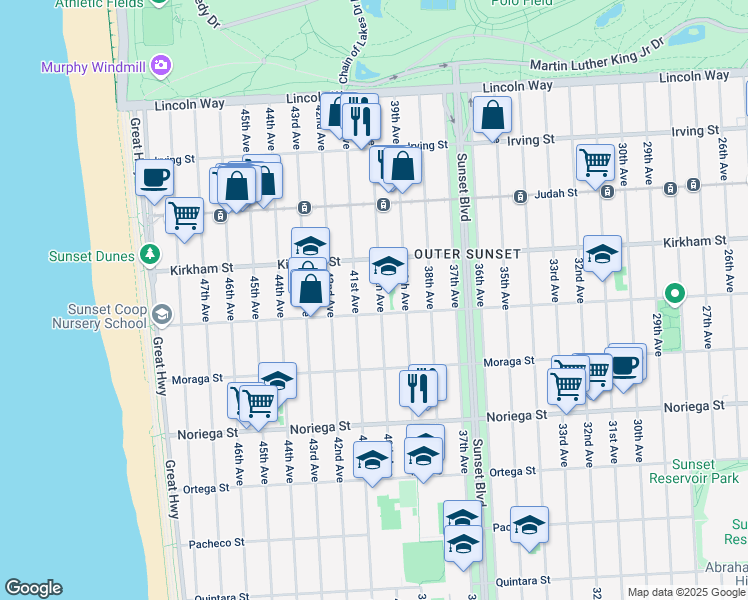 map of restaurants, bars, coffee shops, grocery stores, and more near 1546 40th Avenue in San Francisco
