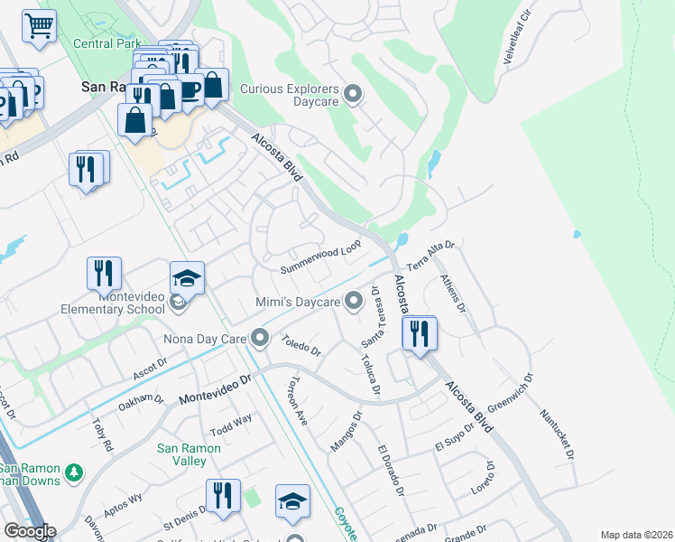 map of restaurants, bars, coffee shops, grocery stores, and more near 233 Summerford Circle in San Ramon