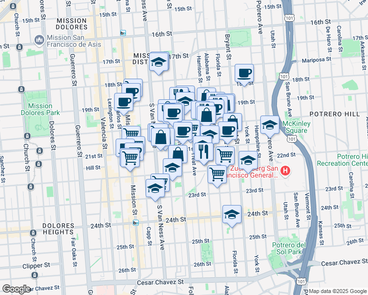 map of restaurants, bars, coffee shops, grocery stores, and more near 759 Treat Avenue in San Francisco