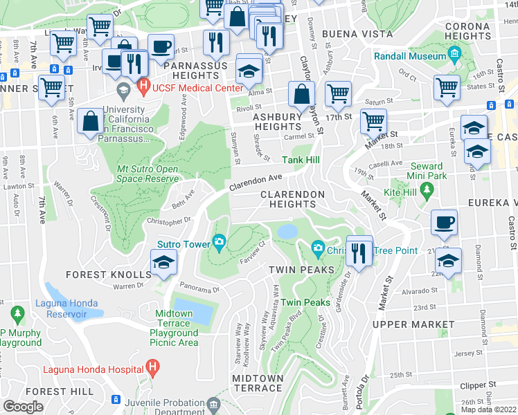 map of restaurants, bars, coffee shops, grocery stores, and more near Glenbrook Ave & St Germain Ave in San Francisco