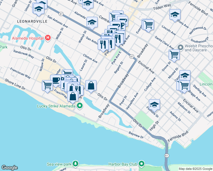 map of restaurants, bars, coffee shops, grocery stores, and more near 1045 Regent Street in Alameda