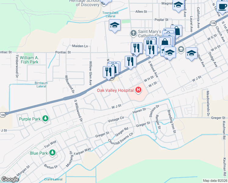 map of restaurants, bars, coffee shops, grocery stores, and more near 212 Ash Avenue in Oakdale