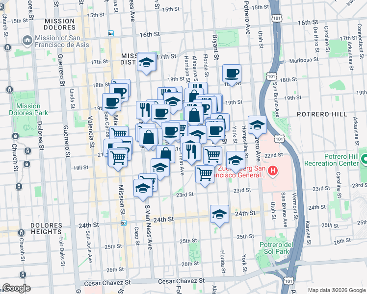 map of restaurants, bars, coffee shops, grocery stores, and more near 759 Treat Avenue in San Francisco