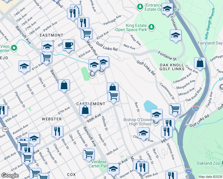map of restaurants, bars, coffee shops, grocery stores, and more near 8724 MacArthur Boulevard in Oakland