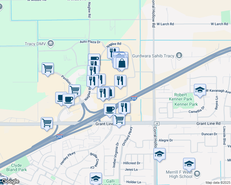 map of restaurants, bars, coffee shops, grocery stores, and more near 2800 Naglee Road in Tracy