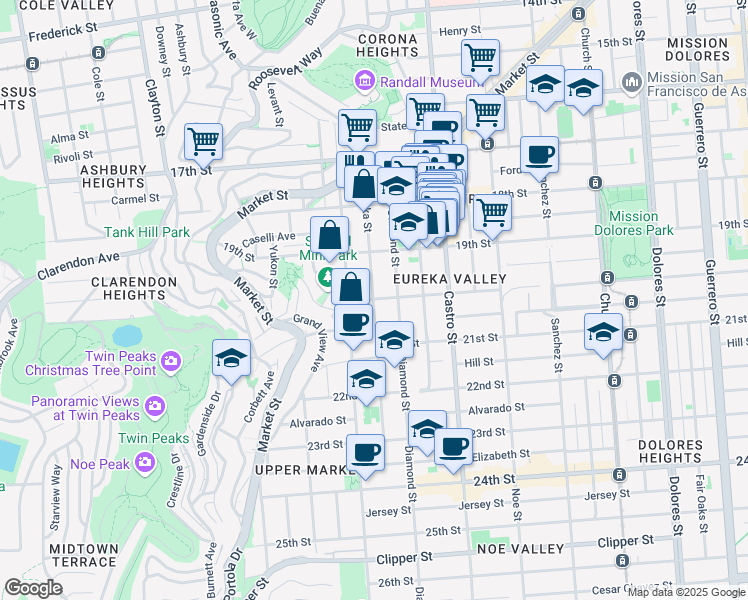 map of restaurants, bars, coffee shops, grocery stores, and more near Eureka Street in San Francisco