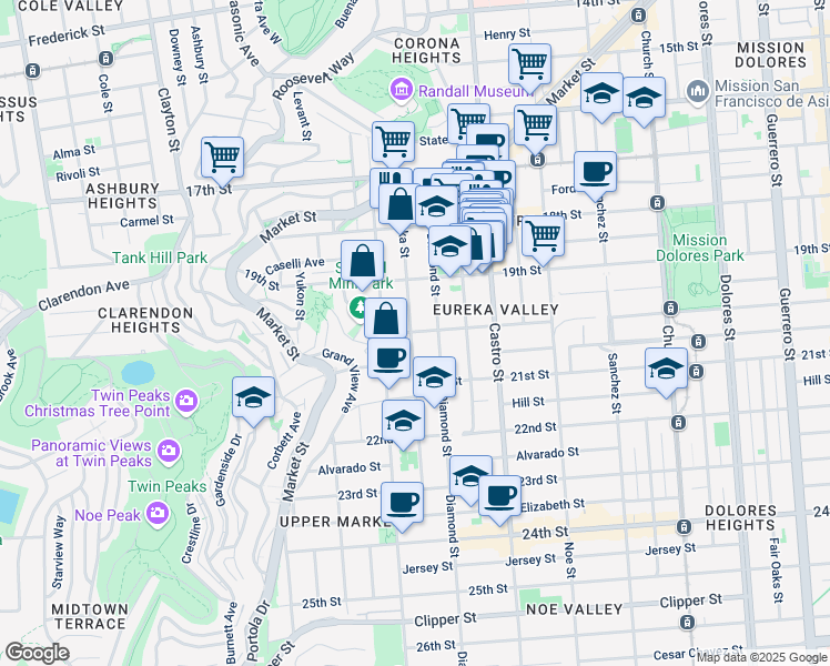 map of restaurants, bars, coffee shops, grocery stores, and more near Eureka Street in San Francisco