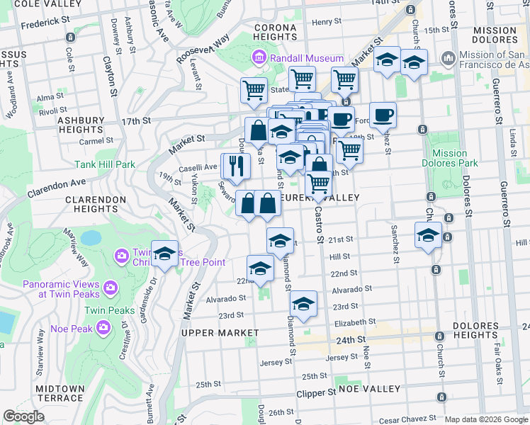 map of restaurants, bars, coffee shops, grocery stores, and more near Eureka Street in San Francisco