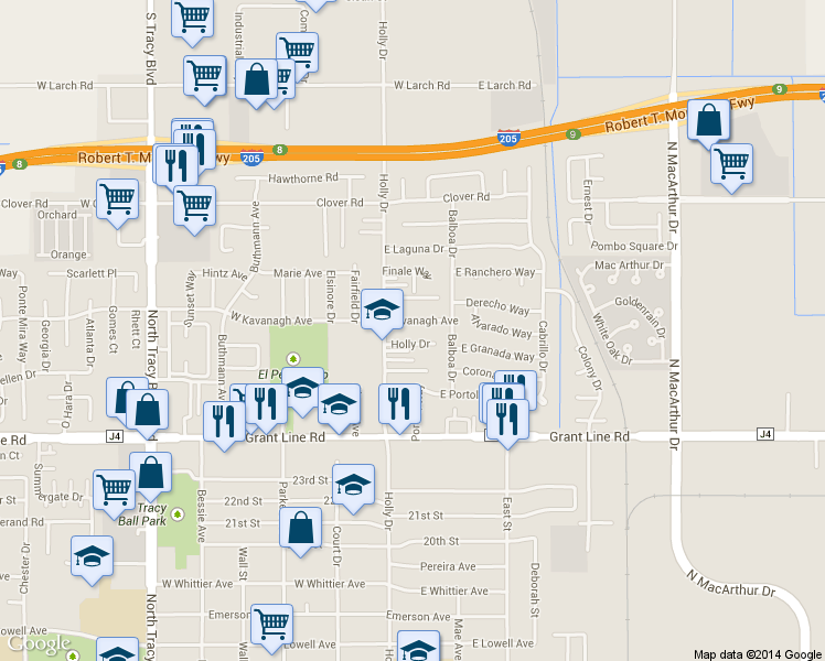 map of restaurants, bars, coffee shops, grocery stores, and more near 115 East Kavanagh Avenue in Tracy
