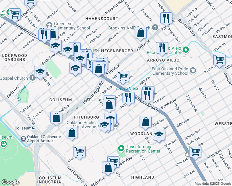 map of restaurants, bars, coffee shops, grocery stores, and more near 7515 International Boulevard in Oakland
