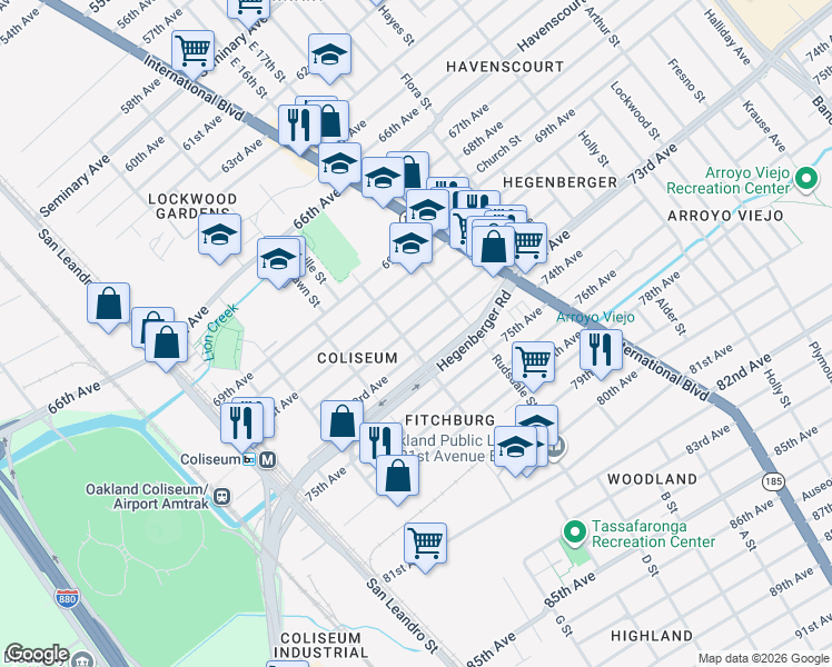 map of restaurants, bars, coffee shops, grocery stores, and more near 1110 71st Avenue in Oakland