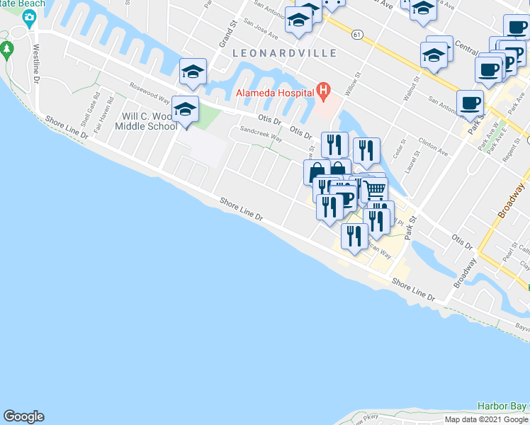 map of restaurants, bars, coffee shops, grocery stores, and more near 2028 Franciscan Way in Alameda