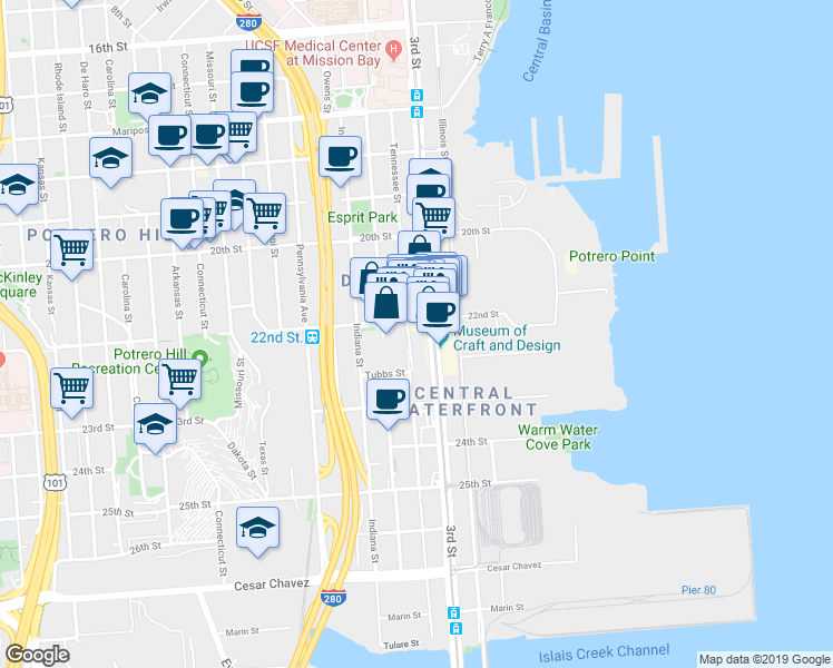 map of restaurants, bars, coffee shops, grocery stores, and more near 1095 Tennessee Street in San Francisco