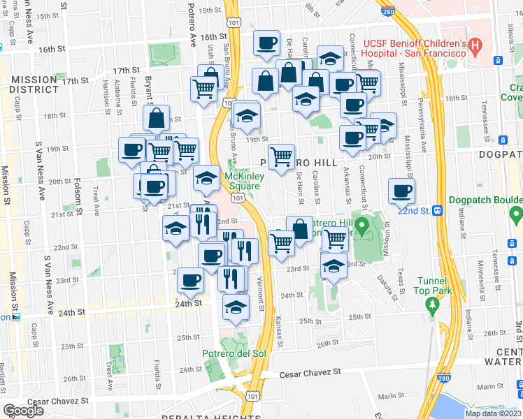 map of restaurants, bars, coffee shops, grocery stores, and more near 926 Kansas Street in San Francisco