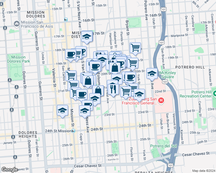 map of restaurants, bars, coffee shops, grocery stores, and more near 759 Treat Avenue in San Francisco