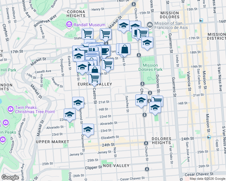 map of restaurants, bars, coffee shops, grocery stores, and more near 4052 20th Street in San Francisco