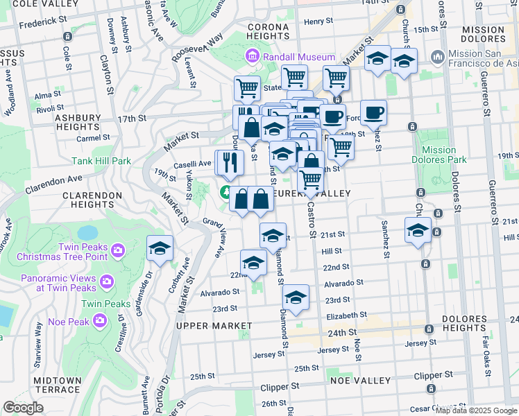 map of restaurants, bars, coffee shops, grocery stores, and more near 271 Eureka Street in San Francisco