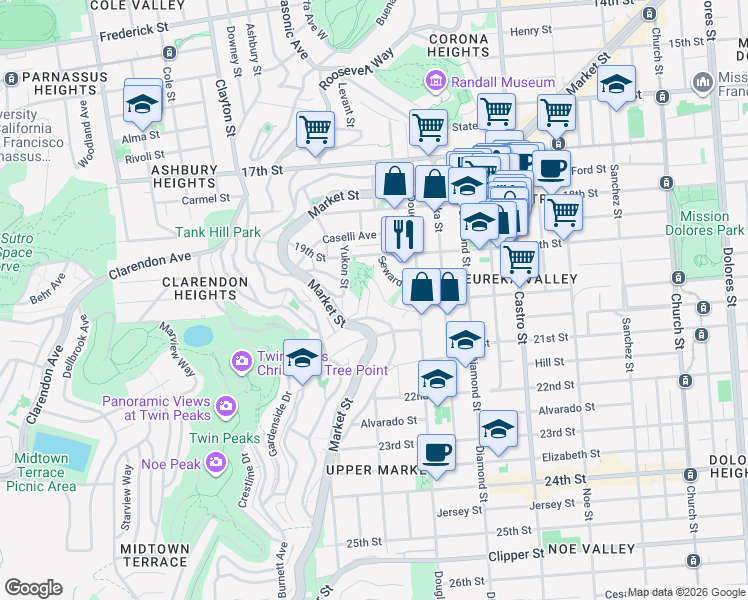 map of restaurants, bars, coffee shops, grocery stores, and more near 160 Corwin Street in San Francisco