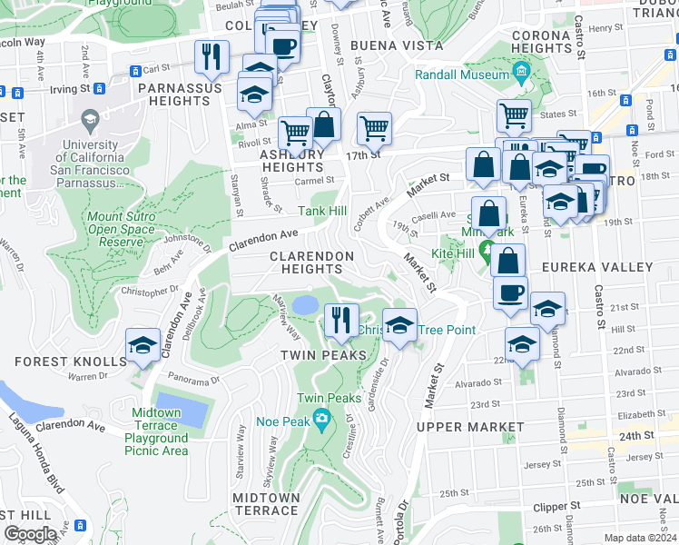 map of restaurants, bars, coffee shops, grocery stores, and more near 123 Graystone Terrace in San Francisco