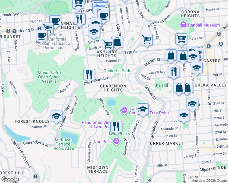 map of restaurants, bars, coffee shops, grocery stores, and more near 66 Crown Terrace in San Francisco