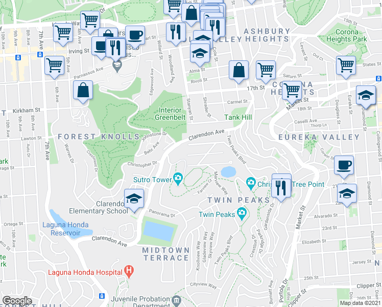 map of restaurants, bars, coffee shops, grocery stores, and more near 89 Mountain Spring Avenue in San Francisco