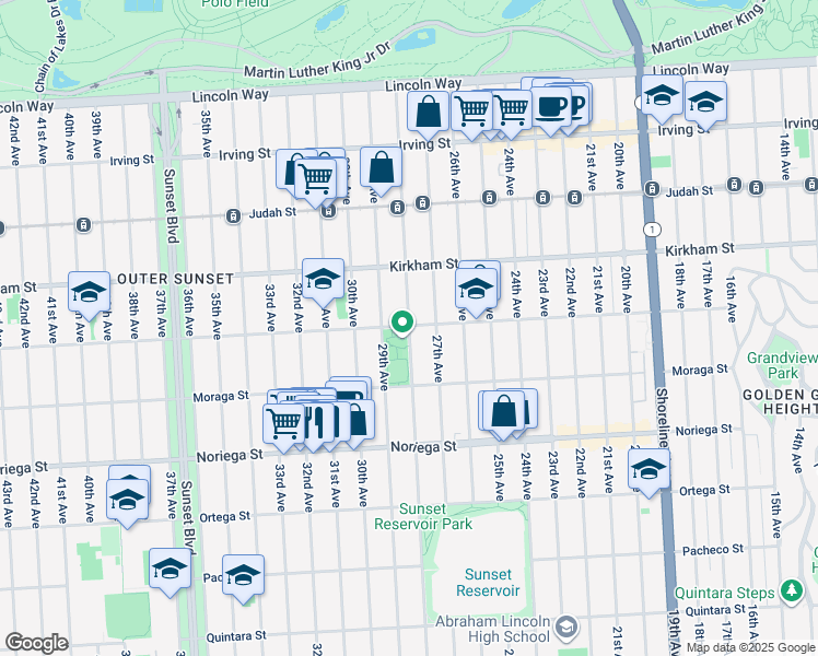 map of restaurants, bars, coffee shops, grocery stores, and more near 1575 28th Avenue in San Francisco