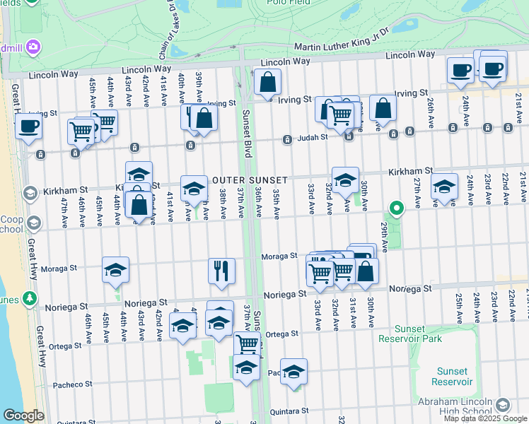 map of restaurants, bars, coffee shops, grocery stores, and more near 1556 36th Avenue in San Francisco