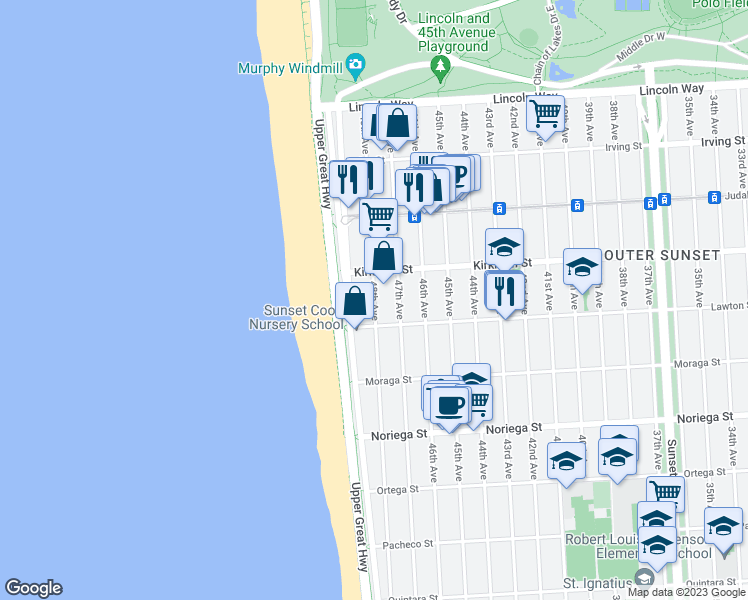 map of restaurants, bars, coffee shops, grocery stores, and more near 1523 48th Avenue in San Francisco
