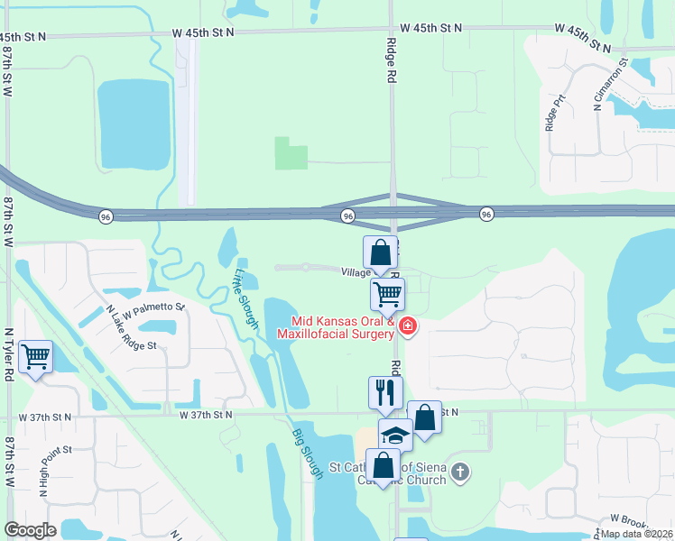 map of restaurants, bars, coffee shops, grocery stores, and more near Village Circle in Wichita