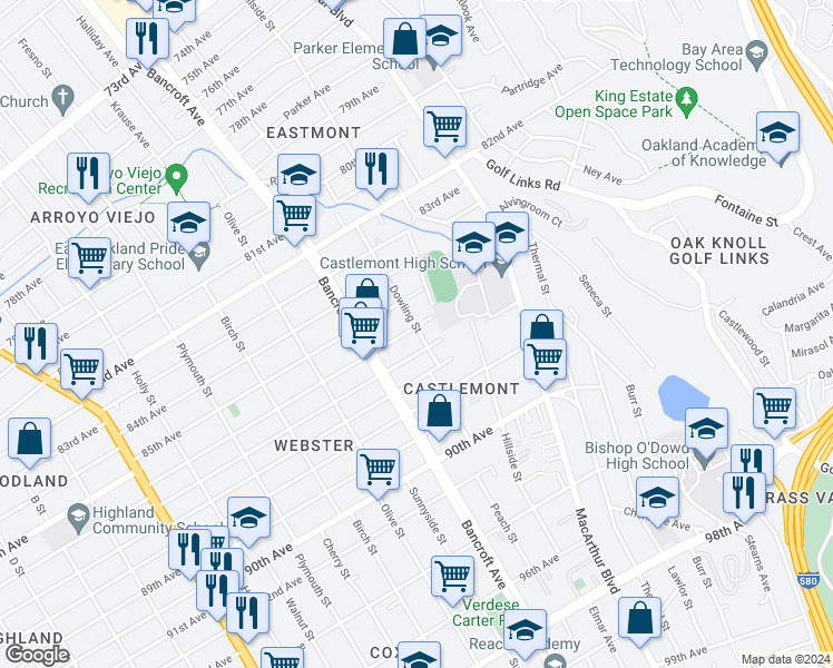 map of restaurants, bars, coffee shops, grocery stores, and more near 2272 86th Avenue in Oakland