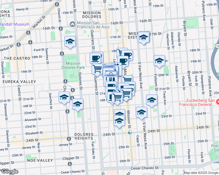 map of restaurants, bars, coffee shops, grocery stores, and more near 956 Valencia Street in San Francisco
