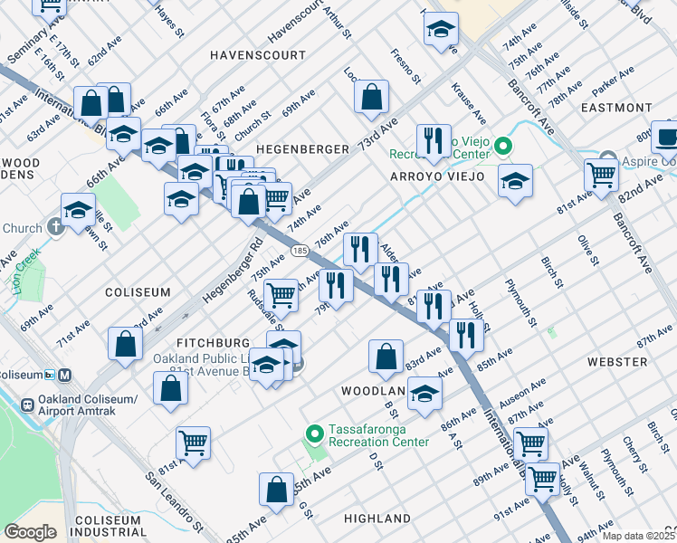 map of restaurants, bars, coffee shops, grocery stores, and more near International Boulevard & 78th Avenue in Oakland