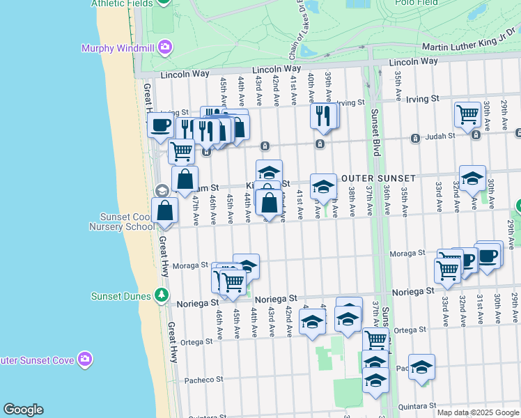 map of restaurants, bars, coffee shops, grocery stores, and more near 1563 43rd Avenue in San Francisco