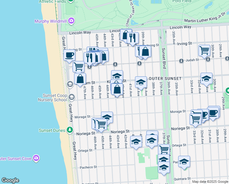 map of restaurants, bars, coffee shops, grocery stores, and more near 1563 43rd Avenue in San Francisco