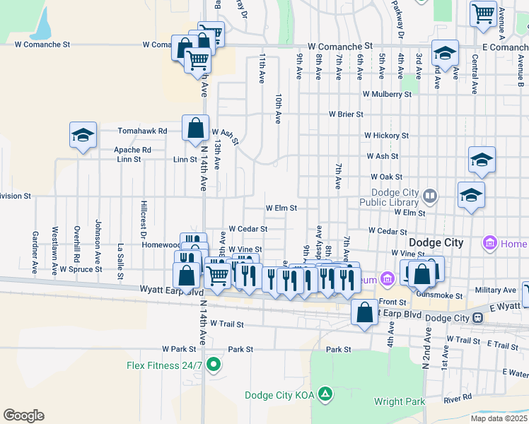 map of restaurants, bars, coffee shops, grocery stores, and more near 1205 West Elm Street in Dodge City