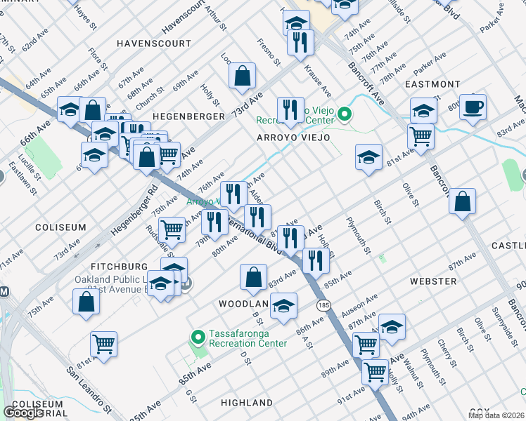 map of restaurants, bars, coffee shops, grocery stores, and more near 1476 79th Avenue in Oakland