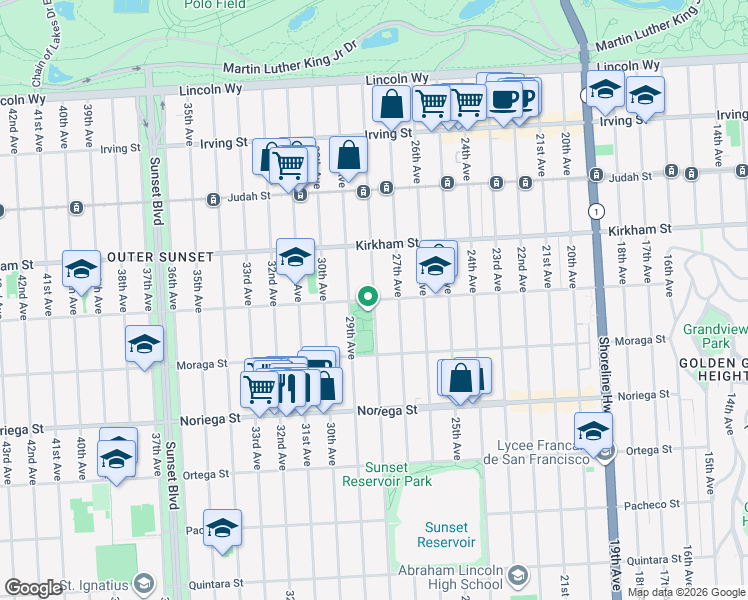 map of restaurants, bars, coffee shops, grocery stores, and more near 28th Ave & Lawton St in San Francisco